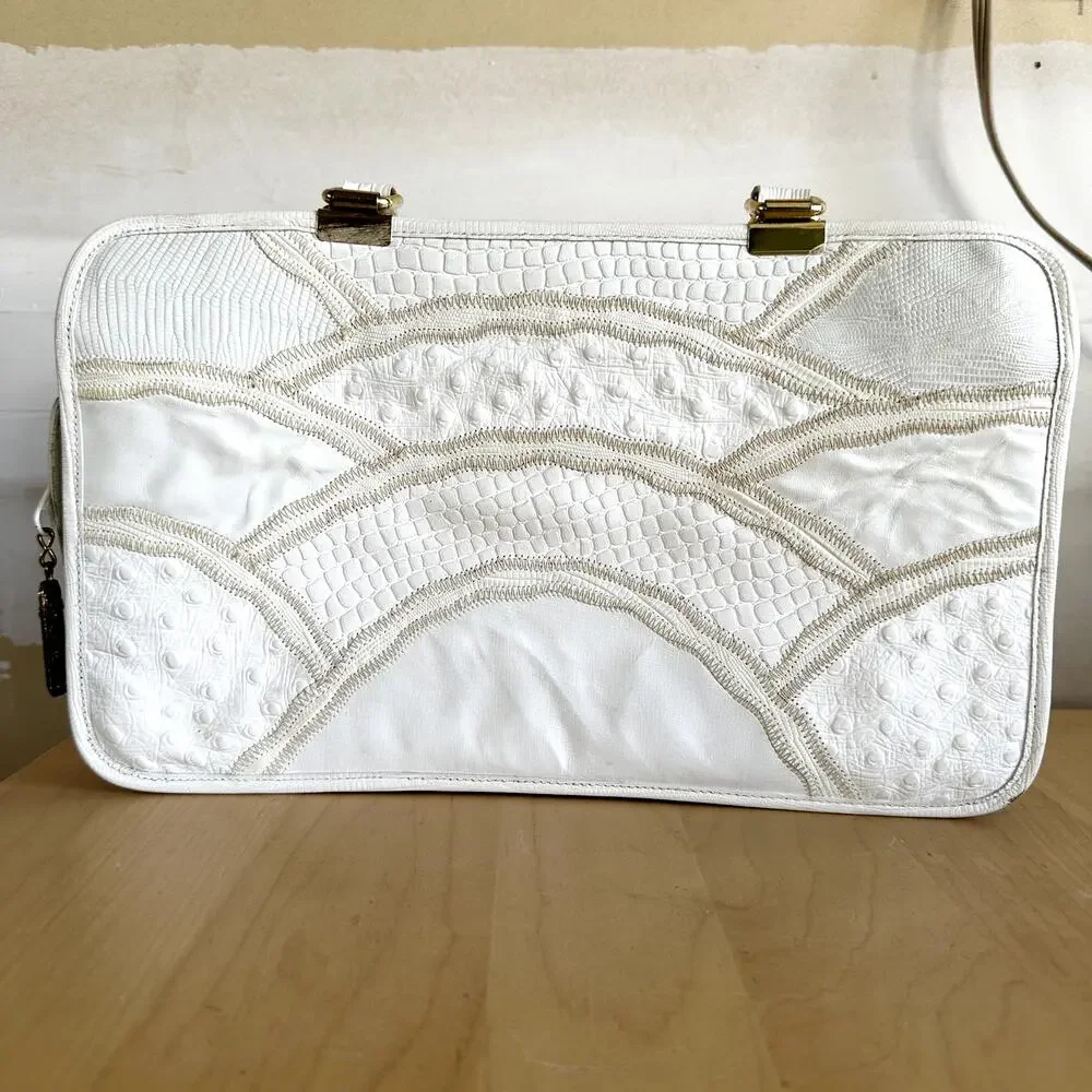 VTG Caprice Patchwork Handbag Snakeskin Leather Retro Ostrich Embossed White